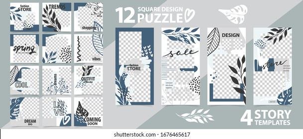 Trendy editable template for social networks stories and posts, vector illustration Set of story and puzzle post square frame Mockup for advertising Design backgrounds for social media.