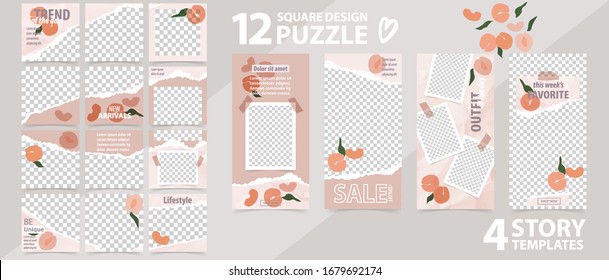 Trendy editable template for social networks stories and posts, vector illustration. Set of story and puzzle post square frame. Mockup for advertising. Design backgrounds for social media.