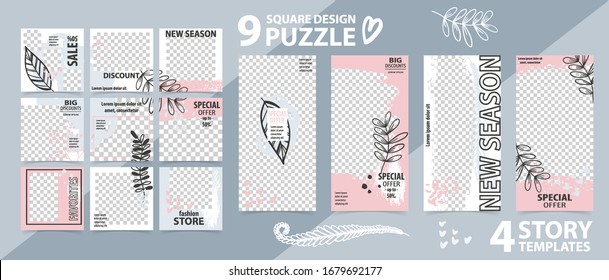 Trendy editable template for social networks stories and posts, vector illustration. Set of story and puzzle post square frame. Mockup for advertising. Design backgrounds for social media.