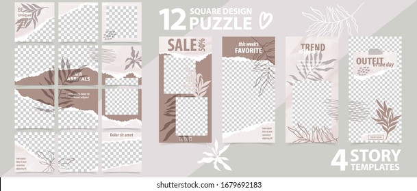 Trendy editable template for social networks stories and posts, vector illustration. Set of story and puzzle post square frame. Mockup for advertising. Design backgrounds for social media.