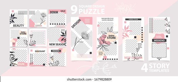 Trendy editable template for social networks stories and posts, vector illustration. Set of story and puzzle post square frame. Mockup for advertising. Design backgrounds for social media.