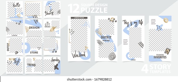 Trendy editable template for social networks stories and posts, vector illustration. Set of story and puzzle post square frame. Mockup for advertising. Design backgrounds for social media.