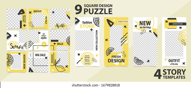 Trendy editable template for social networks stories and posts, vector illustration. Set of story and puzzle post square frame. Mockup for advertising. Design backgrounds for social media.