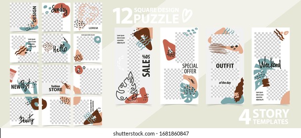 Trendy editable template for social networks stories and posts, vector illustration. Set of story and puzzle post square frame. Mockup for advertising. Design backgrounds for social media.