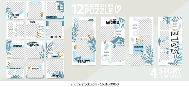 Trendy editable template for social networks stories and posts, vector illustration. Set of story and puzzle post square frame. Mockup for advertising. Design backgrounds for social media.