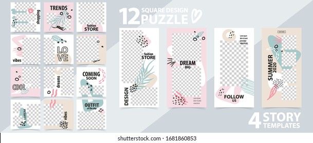 Trendy editable template for social networks stories and posts, vector illustration. Set of story and puzzle post square frame. Mockup for advertising. Design backgrounds for social media.