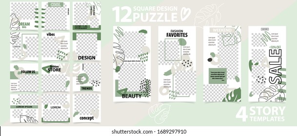 Trendy editable template for social networks stories and posts, vector illustration Set of story and puzzle post square frame Mockup for advertising Design backgrounds for social media