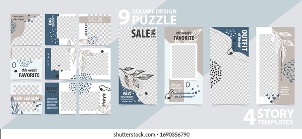 Trendy editable template for social networks stories and posts vector illustration Set of story and puzzle post square frame Mockup for advertising Design backgrounds for social media