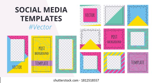 Trendy editable template for social networks stories in memphis style. Design colorful geometric backgrounds for social media posts, story and photos. Vector Illustration