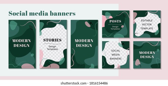 Trendy editable template for social networks stories in green colors. Stylish design backgrounds for social media posts, story and photos. Vector Illustration