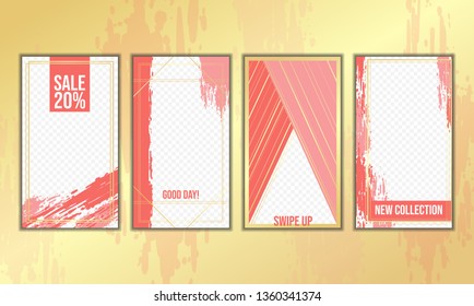 Trendy editable template for stories. Vector. Artistic brush strokes. Golden elements. Design backgrounds for social networks.