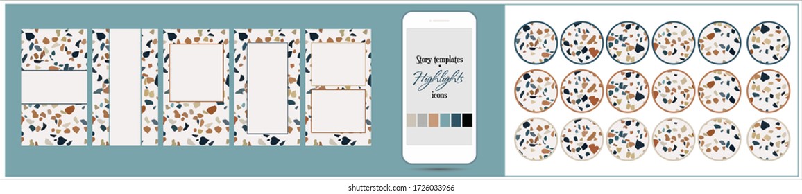 Trendy editable terrazzo template for social networks stories, illustration, web. Vector suitable for media stories,backgrounds, roll banner, expandable banner,flyer and brochure. On white background.