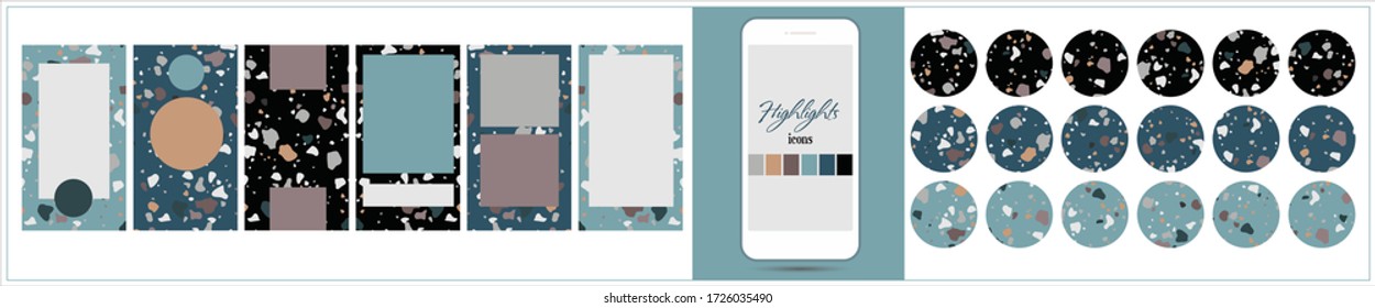 Plantilla de terrazzo editable de moda para historias en redes sociales, ilustración, web.Vector adecuado para historias sociales, antecedentes, banner de rollo, banner expansible, volante y folleto. Sobre fondo blanco.