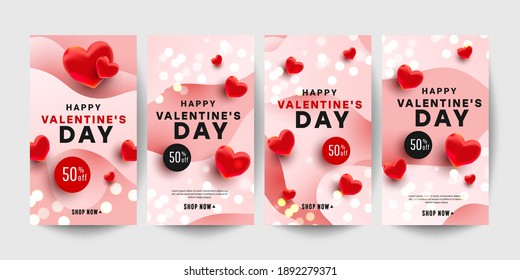 Trendy editable Valentine day vertical banner template set with red realistic hearts for banner, flyer, brochure, story or stories on social media. Vector illustration.
