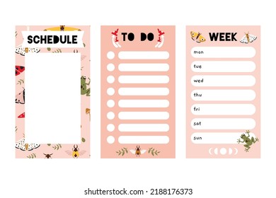 Trendy editable weekly planner, schedule and to do list. Vector stock illustration, cartoon style. Templates for Instagram stories, bullet journal page. Modern backgrounds for social media, notebook.