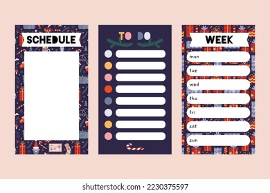 Trendy editable weekly planner, schedule and to do list, Christmas theme. Vector stock illustration, cartoon style. Templates for stories. Backgrounds for social media, notebook.
