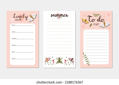 Trendy editable weekly summer planner and to do list. Vector stock illustration, cartoon style. Templates for Instagram stories, bullet journal page. Modern backgrounds for social media, notebook.