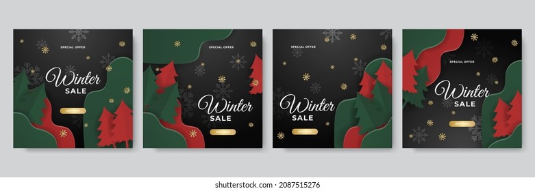 Trendy editable winter Christmas New Year sale template for social networks media post with snow, tree, snowflakes. Abstract modern background for banner sale, presentation, flyer, poster, invitation.
