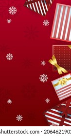Trendy editable winter template for social networks stories, vector illustration. Christmas New Year story template, red golden 3D ball, snowflake. Social media template