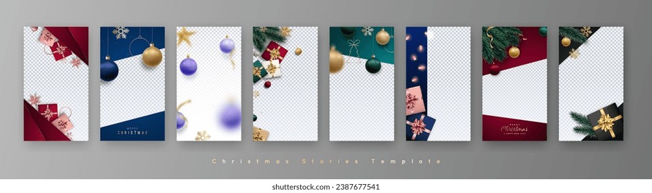 Trendy editable Xmas template for social networks. Set of stories template. Realistic design elements. 