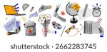 Trendy education collage in halftone style on transparent background. Paper cut outs, doodles, laptop, books, globe, and school supplies. Vector illustration.