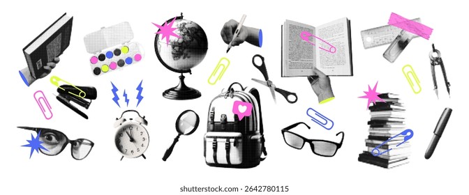 Trendy education concept halftone collage. Set elements with school supplies back, globe, books, glasses, pencil. Retro vector illustration for mixed media design isolated on transparent background.