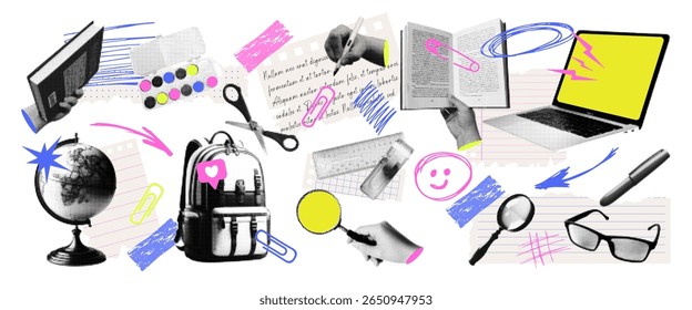 Trendy education concept halftone collage  isolated on transparent background. Elements with paper cut outs, doodle, laptop, school supplies back, globe, books. Vector illustration. 