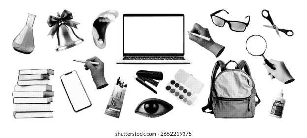 Trendy education paper stickers, retro halftone collage elements. Laptop, books, hand, bell, glasses, pencils, backpack. Vector design on the theme of school, study, university isolated on transparent