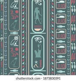 Trendy egypt writing seamless vector. Hieroglyphic egyptian language symbols template. Repeating ethnical fashion design for wrapping paper.