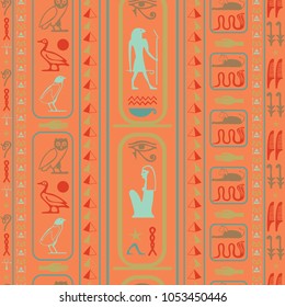 Trendy egyptian motifs seamless background. Ethnic hieroglyph symbols tile. Repeating ethnical fashion graphic design for advertising.