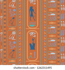Trendy egyptian motifs seamless vector. Ethnic hieroglyph symbols texture. Repeating ethnical fashion backdrop for ceramic tile.