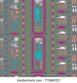 Trendy egyptian motifs seamless vector. Ethnic hieroglyph symbols tile. Repeating ethnical fashion background for marketing purpouses.
