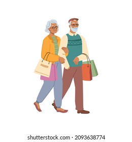 Trendy elderly couple carry packages with purchases isolated flat cartoon characters. Vector happy old man and woman enjoying discount sale, stylish mature buyer pair. Mature people shopping together