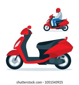 Trendy electric scooter, isolated on white background. Scooter and scooter driver in helmet. Flat style vector illustration.