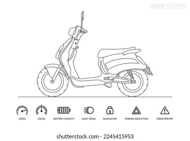 Trendy electric scooter, isolated on white background. Isolated Motorbike template for moped, with facilities icon, outline style isolated vector illustration