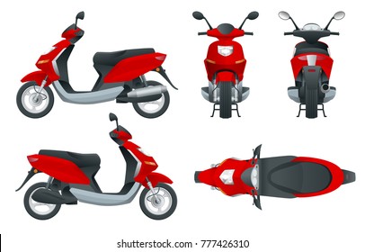 Trendy electric scooter, isolated on white background. Isolated electric scooter, template for branding and advertising. Front, rear, side, top and back.