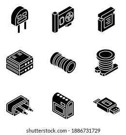 
Componentes de electrónica de moda Iconos isométricos de glifo 