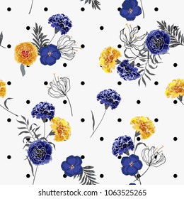 Trendy elegance and softy blooming carnation flowers seamless pattern vector on pollka dots on white  background for fashion fabric and all prints in hand drawn style.