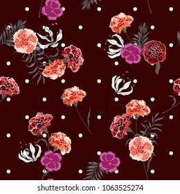 Trendy elegance and softy blooming carnation flowers seamless pattern vector on pollka dots on  maroon  background for fashion fabric and all prints in hand drawn style.