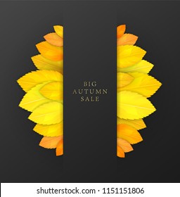 Trendy and elegant autumn background with realistic yellow gold orange leaves. Gradient leaf coloring. Simple minimalistic style. Sale banner template Fall seasonal poster or card Vector illustration