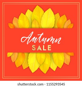 Trendy and elegant autumn background with realistic yellow gold orange leaves. Gradient leaf coloring Simple minimalistic style. Sale banner template Fall seasonal poster or card Vector illustration