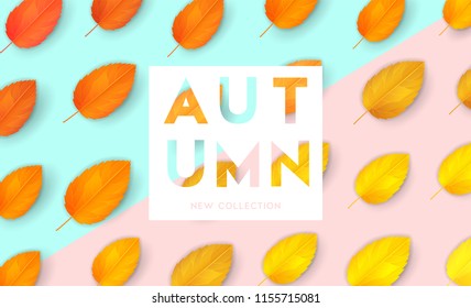Trendy and elegant autumn background with realistic yellow gold orange leaves. Gradient leaf coloring. Simple minimalistic style. Sale banner template Fall seasonal poster or card Vector illustration