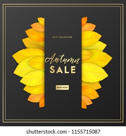 Trendy and elegant autumn background with realistic yellow gold orange leaves. Gradient leaf coloring. Simple minimalistic style. Sale banner template Fall seasonal poster or card Vector illustration