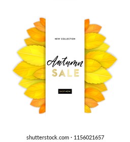 Trendy and elegant autumn background with realistic yellow gold orange leaves. Gradient leaf coloring. Simple minimalistic style. Sale banner template Fall seasonal poster or card Vector illustration