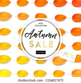 Trendy and elegant autumn background with realistic yellow gold orange leaves. Gradient leaf coloring. Simple minimalistic style. Sale banner template Fall seasonal poster or card Vector illustration