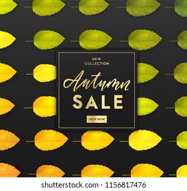 Trendy and elegant autumn background with realistic yellow gold orange leaves. Gradient leaf coloring. Simple minimalistic style. Sale banner template Fall seasonal poster or card Vector illustration