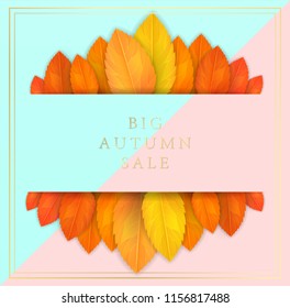 Trendy and elegant autumn background with realistic yellow gold orange leaves. Gradient leaf coloring. Simple minimalistic style. Sale banner template Fall seasonal poster or card Vector illustration