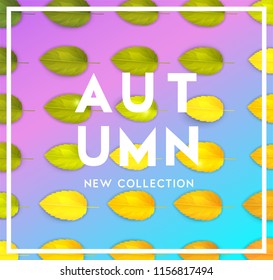 Trendy and elegant autumn background with realistic yellow gold orange leaves. Gradient leaf coloring. Simple minimalistic style. Sale banner template Fall seasonal poster or card Vector illustration