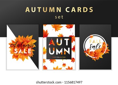 Trendy and elegant autumn background with realistic yellow gold orange leaves Gradient leaf, simple minimalistic style Sale banner template collection Fall season poster, card set Vector illustration