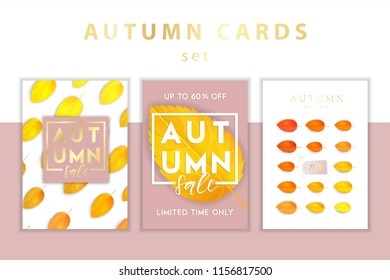 Trendy and elegant autumn background with realistic yellow gold orange leaves Gradient leaf, simple minimalistic style Sale banner template collection Fall season poster, card set Vector illustration